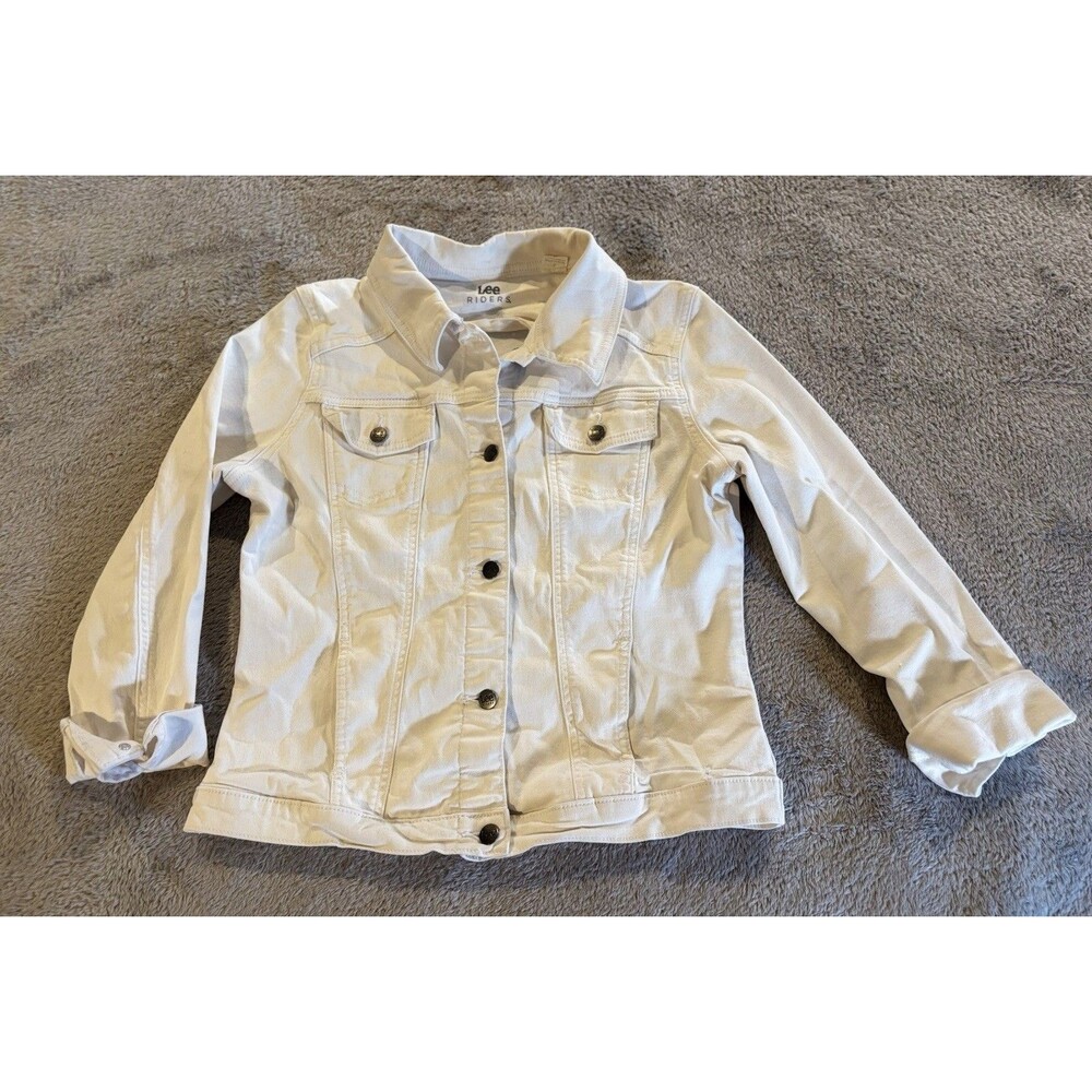 Women's White Stretch Denim Trucker Jacket Sz Large Button Front Classic Casual